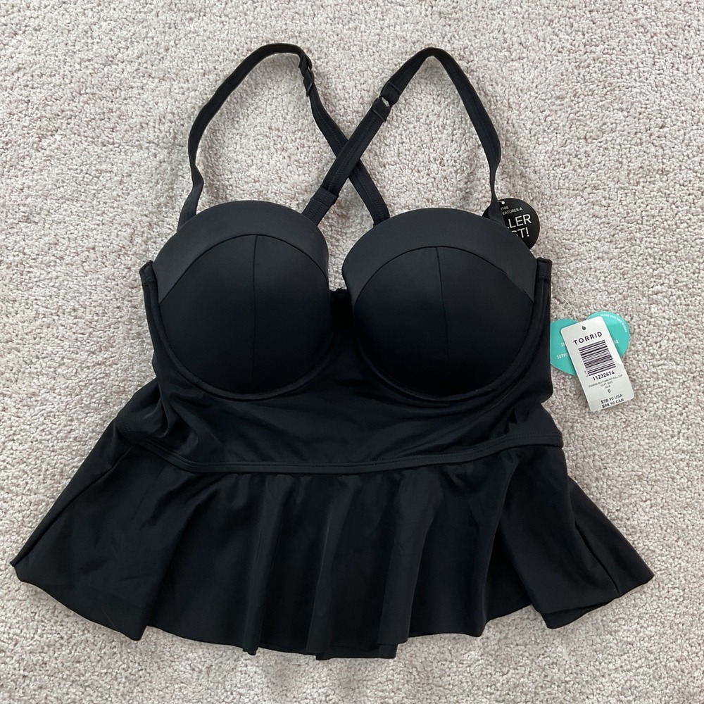 Torrid Vixen Black Peplum Underwire Tankini Top Fuller Bust Size 0 NWT - Picture 1 of 9